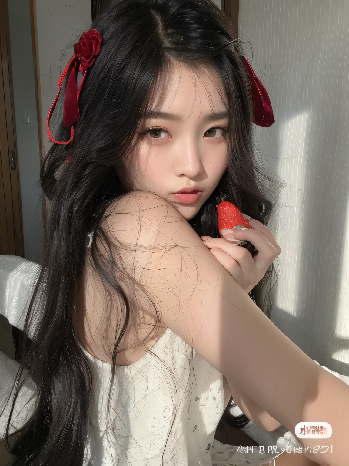 there is a woman with long hair holding a strawberry in her hand, ulzzang, korean girl, jinyoung shin, gorgeous young korean woman, beautiful young korean woman, asian girl with long hair, 🤤 girl portrait, beautiful south korean woman, with long hair, jaeyeon nam, wan adorable korean face, rin tohsaka, shikamimi