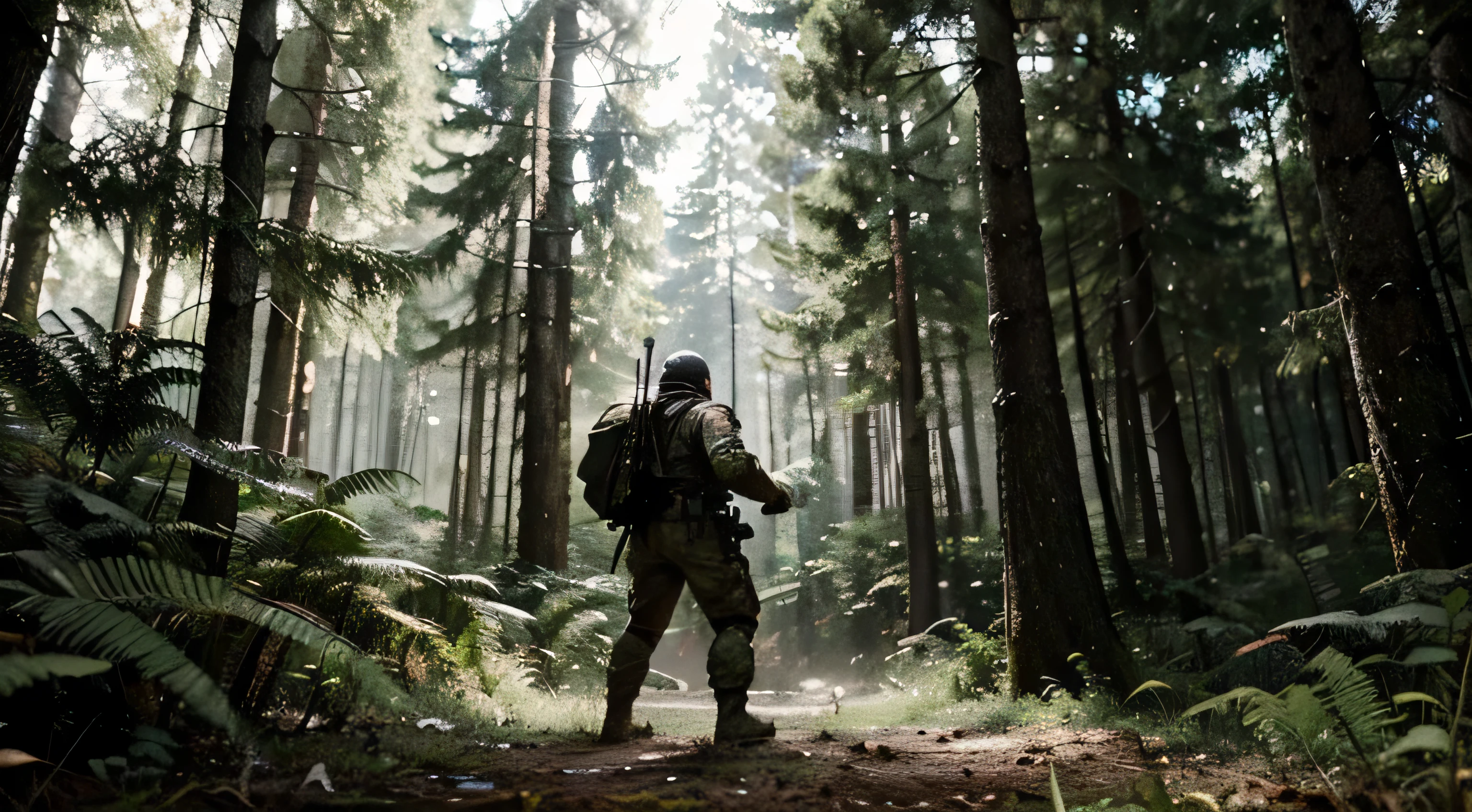 "In the depths of the forest, a lone hero battles against enemy soldiers. The character, navigating through the trees, thick bushes, and tall trees, implements their strategy against the opposing forces. Please create a menu background for a war game based on this atmosphere, with a clean and impactful image, without including any text."