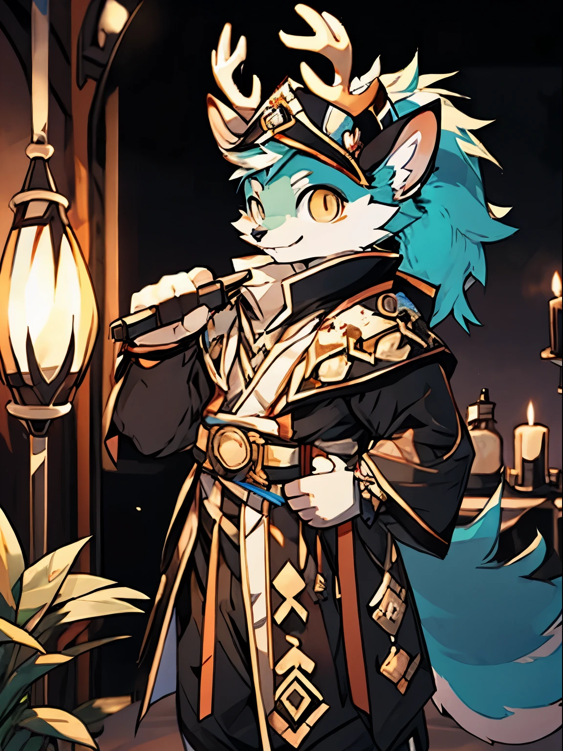 (tmasterpiece), deer antlers, furry, Cyan hair, Golden eyes, High ponytail, Mage Outfit, looking to the camera, ssmile, Half sideways, Full body like