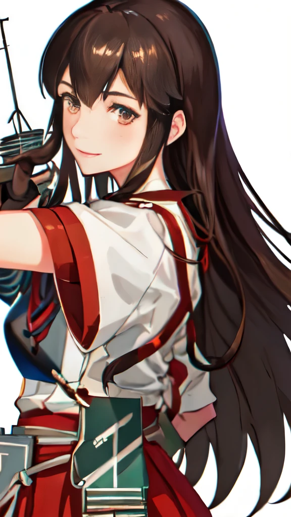 Best Quality, masutepiece, hight resolution, Solo, {akagi_Kantai Collection:1.15}, long_hair, brown_hair, brown_Eyes, muneate, tasuki, Smile, 1girl in , Japanese_Clothes, , partially_fingerless_gloves, arma, distortion, Single_hand armor, outstretched_Highly detailed arms、extremely detailed eye、extra detailed face、Insanely detailed body、Insanely detailed skin bewitching expression