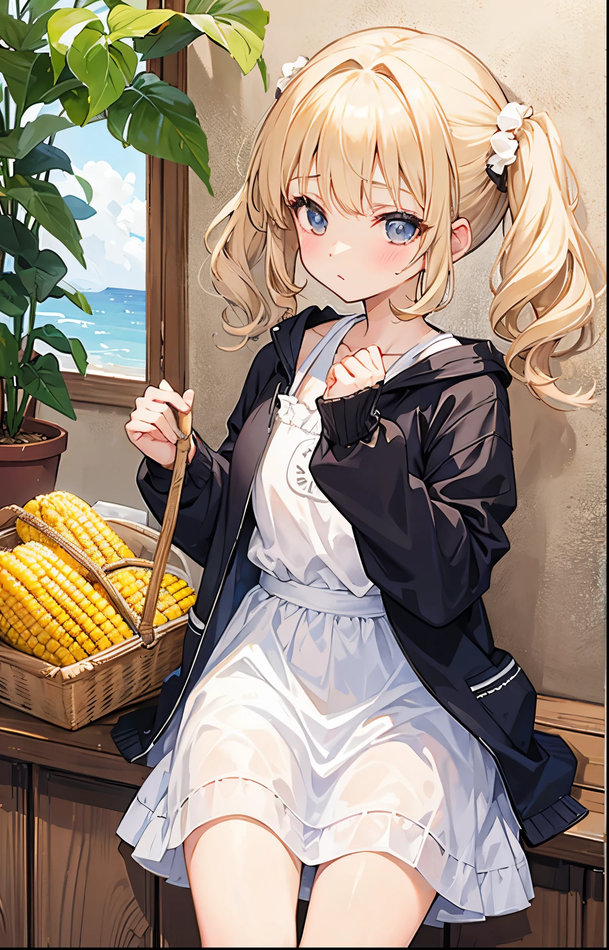 Sweet girl，Buttery curly double ponytails and soft milky clothes，corn pitcher pvz personification