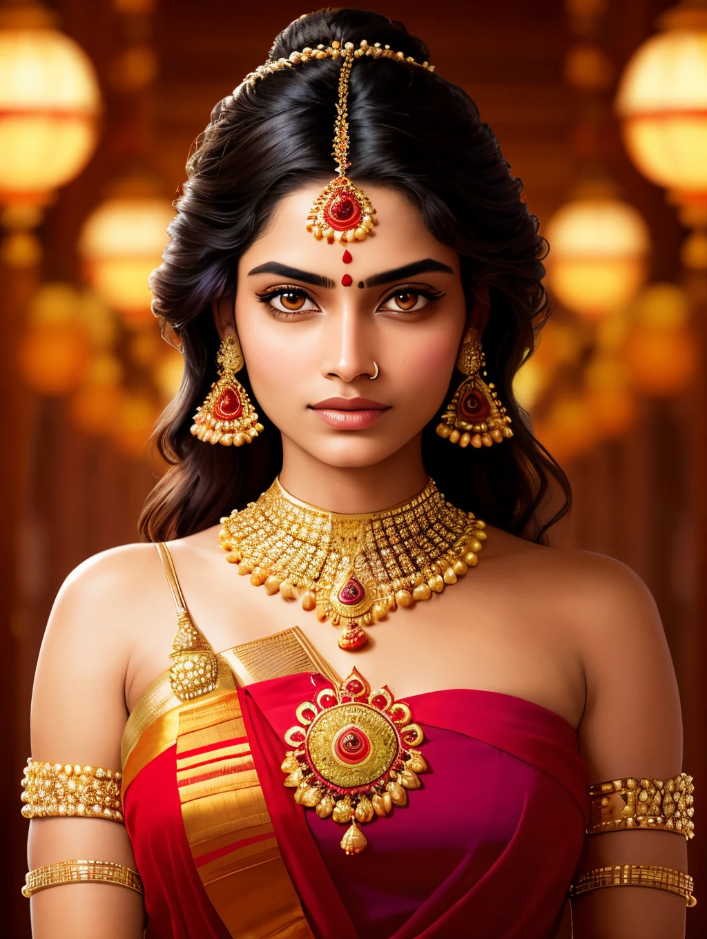 An extremely beautiful Indian young woman, wearing a rich Indian clothing and rich jewelry, in a golden Indian temple, pixar artstyle, emotional eyes, enigmatic smile, cinematic rim light, very feminine figure, dynamic juxtaposition, young beautiful woman, very high quality face, exploitable image, face neck shoulders, beautiful very feminine woman, stylized dynamic folds, serene woman, Pixar artstyle