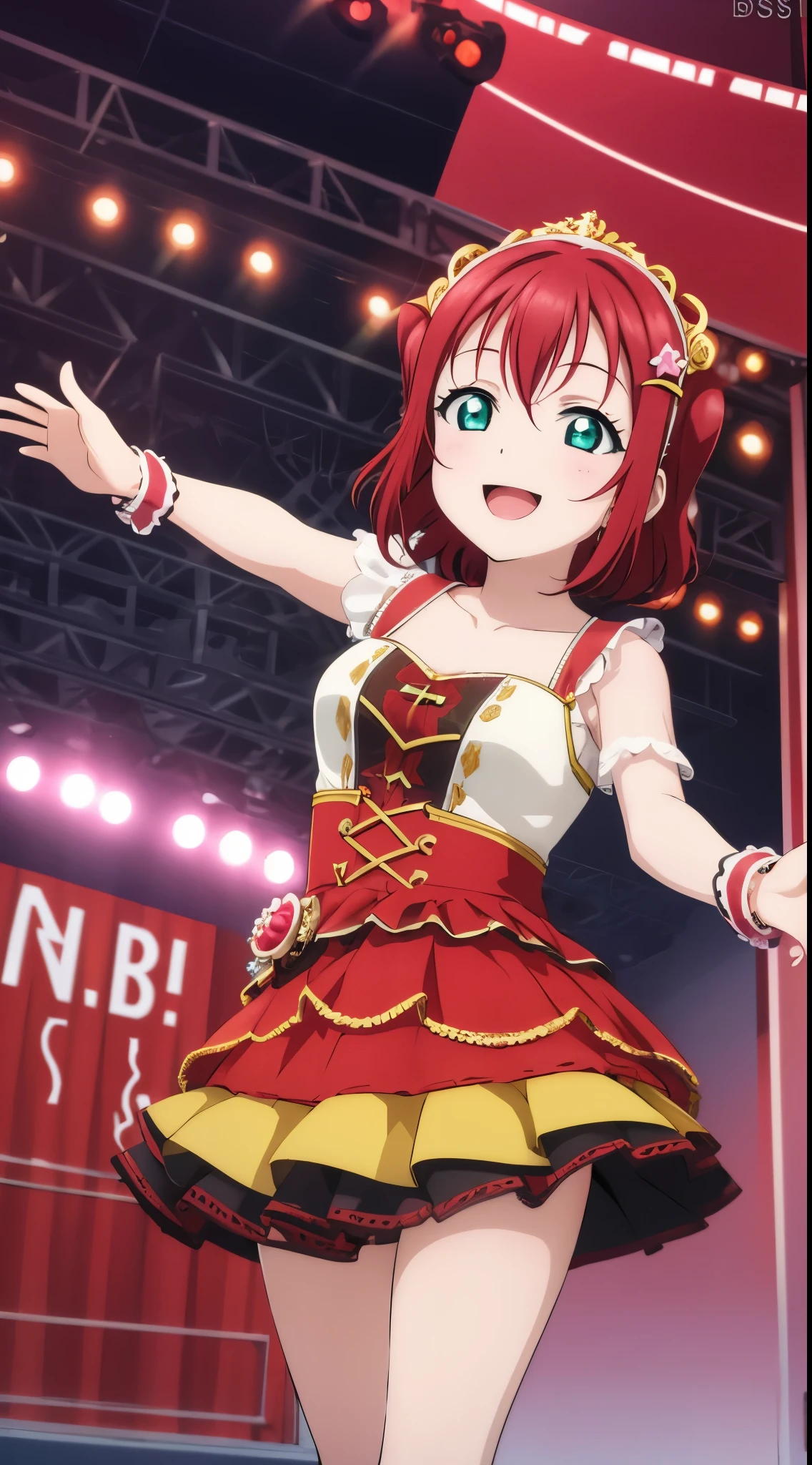 (masterpiece, best quality), illustration, detailed eyes, 1girl, solo, kurosawa ruby, flat chest, red hair, two side up, green eyes, smile, 
Dress sing, use microphone, stage,