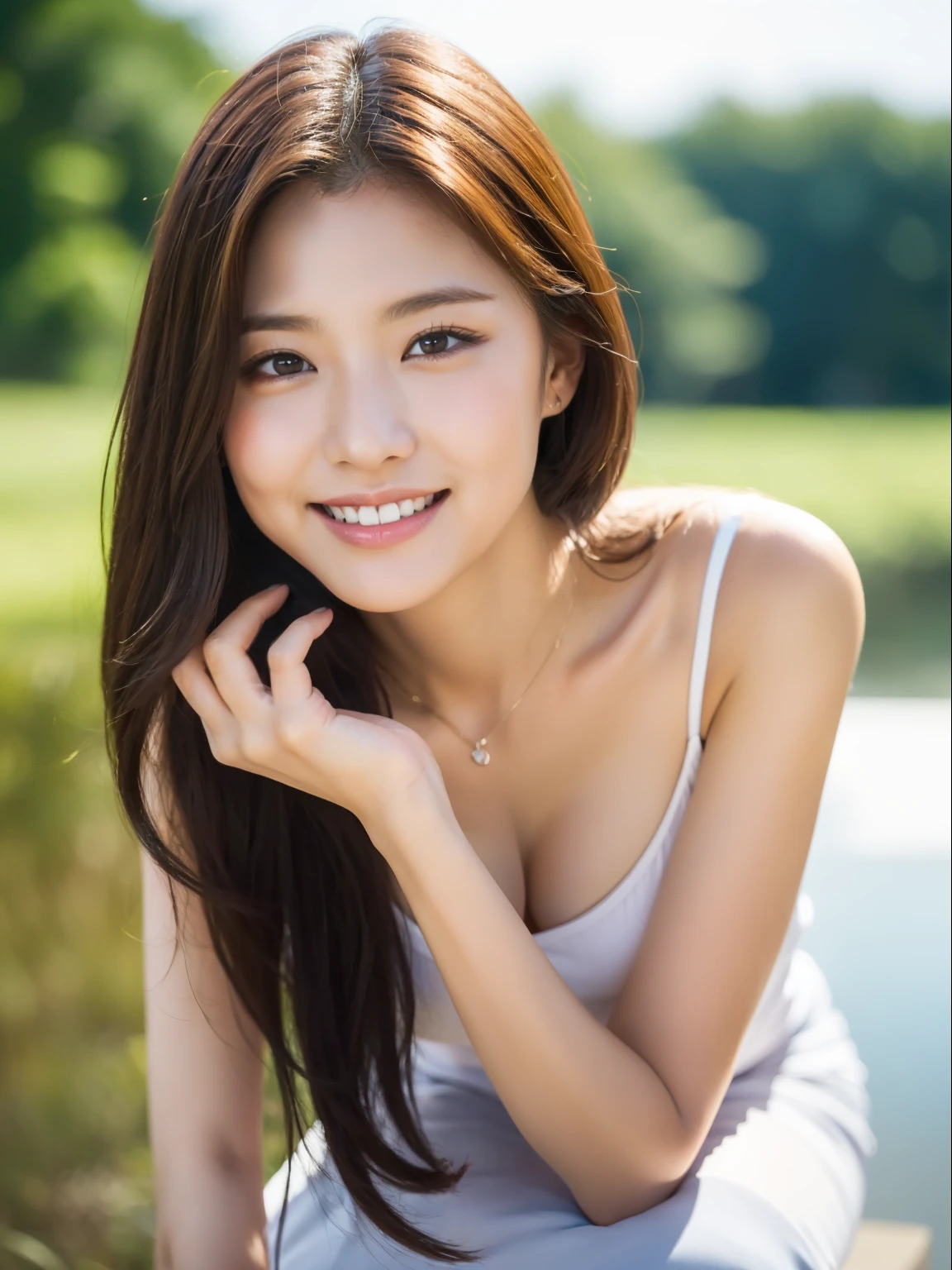 best qualtiy， tmasterpiece， 超高分辨率， realisticlying， 1girll， bshoulders， ssmile，16K HD resolution，More face details