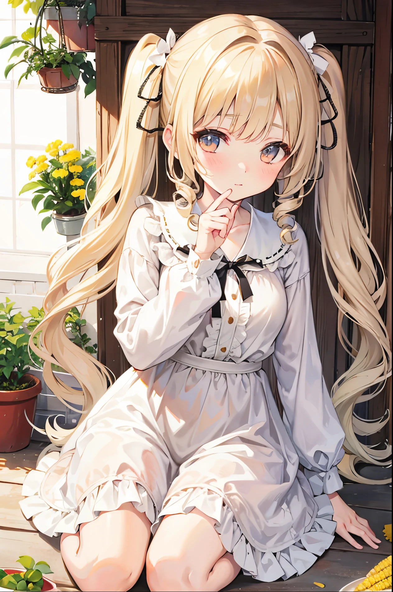 Sweet girl，Cream curly twintails and soft clothes，corn pitcher pvz personification