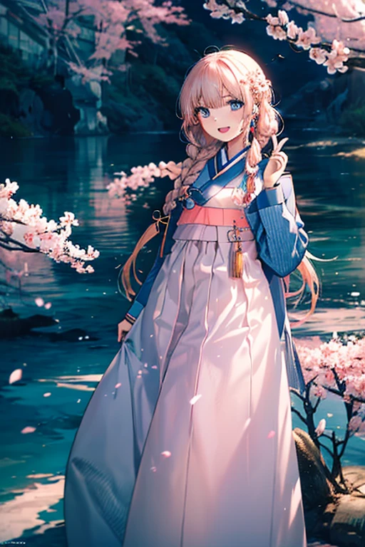 masterpiece, best quality, highres, bbhana, long hair, blacj hair, single braid, hair ornament, whisker markings, ((korean clothes)), ((hanbok)), long sleeves, striped sleeves, ((sky blue jacket)), pink skirt, cherry blossoms, outdoors, standing, smile, open mouth, peace sign, blue eyes, large breast, sexy,