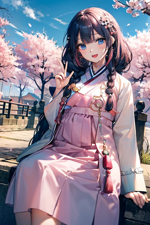 masterpiece, best quality, highres, bbhana, long hair, blacj hair, single braid, hair ornament, whisker markings, ((korean clothes)), ((hanbok)), long sleeves, striped sleeves, ((sky blue jacket)), pink skirt, cherry blossoms, outdoors, standing, smile, open mouth, peace sign, blue eyes, large breast, sexy,