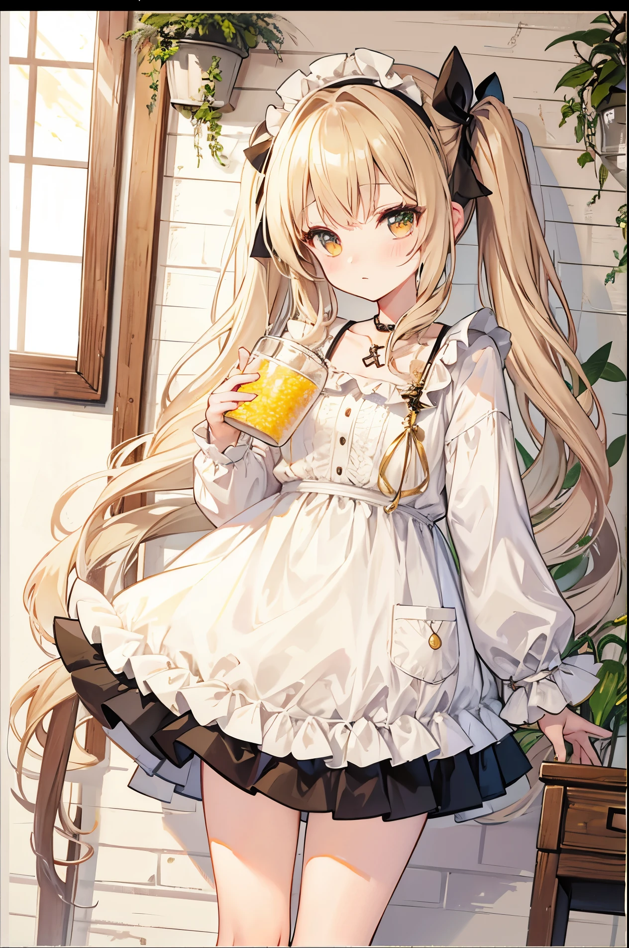 Sweet girl,Cream curly twintails and soft clothes,corn pitcher pvz personification