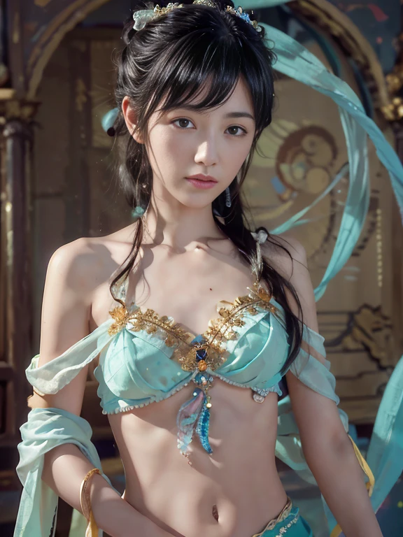 Bust photo, a beautiful woman, messy hair, girly, symmetrical bun, hair accessories, jewelry, delicate face, eye shadow, delicate cyan top, bare shoulders, navel, bare belly, Dunhuang style, a lot of streamers, delicate skin, soft light effects, delicate and smooth hair, delicate details, eye highlights, fair skin, fine portrayal, extreme details, cinematic quality, thin, slender, broken, hair details, thin bangs, shawl hair, correct body, shadows, air bangs, 8K, super detailed, Fine fabric texture, soft, supple, smooth texture, Dunhuang style, delicate pattern, correct hand painting, smile, tsurime, Surrealism, ray tracing, UHD, high details, super detail, highres, 8k, high quality, high details, textured skin, ccurate