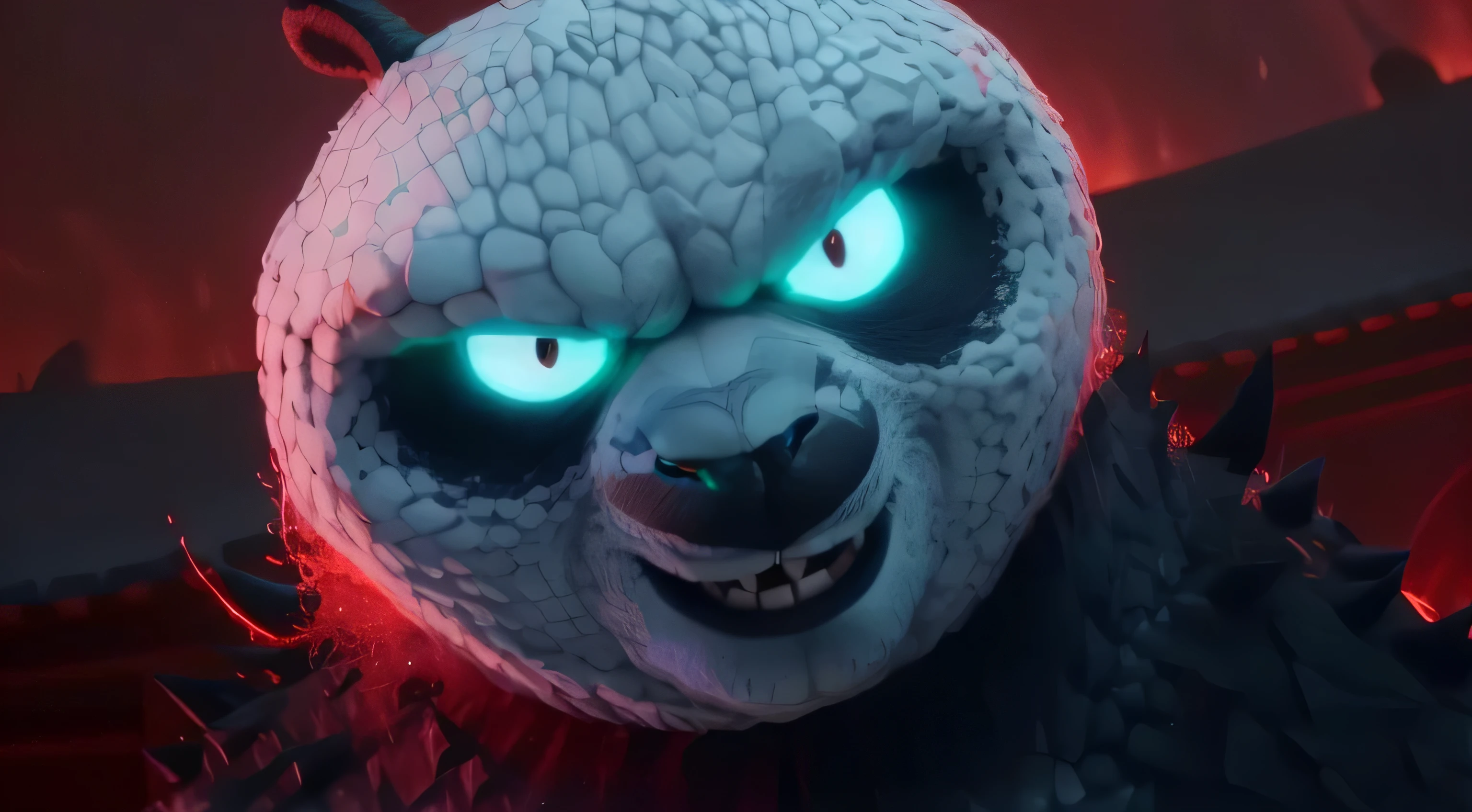 a close up of a scary looking panda bear with glowing eyes, animated film, big chungus as elden ring boss, still from animated horror movie, movie still of a snarling, shrek with red eyes, made of lava, animated movie, kubo and the two strings, 3 d animated movie, frame from pixar movie, bubbles vfx, animated movie still