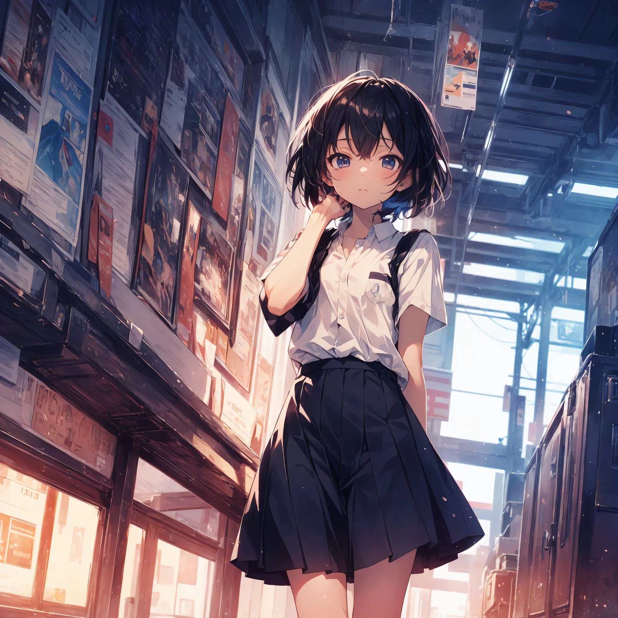 Super high quality by the art god, Ultra-detailed, High resolution, ilya kuvshinov style, anime moe art style, best anime 8K konachan wallpaper, Pixiv Contest Winner, Perfect Anatomy, BREAK,(Please draw a sleepy girl going to school alone.. ),BREAK,1girl in, (Solo,Lori,child,13years:1.3),Full limbs, complete fingers,a junior high school student, Androgynous attraction, (Very short hair), hair messy, flat chest, Small butt, groin, Small eyes,Beautiful detailed black eyes, Well-proportioned iris and pupils, disgusted eye, High resolution detailed hair, School uniform, Skirt, On the way to school. BREAK,Ultra-detailed細なスキン, Best lighting by famous artists, 8K, Illustration,