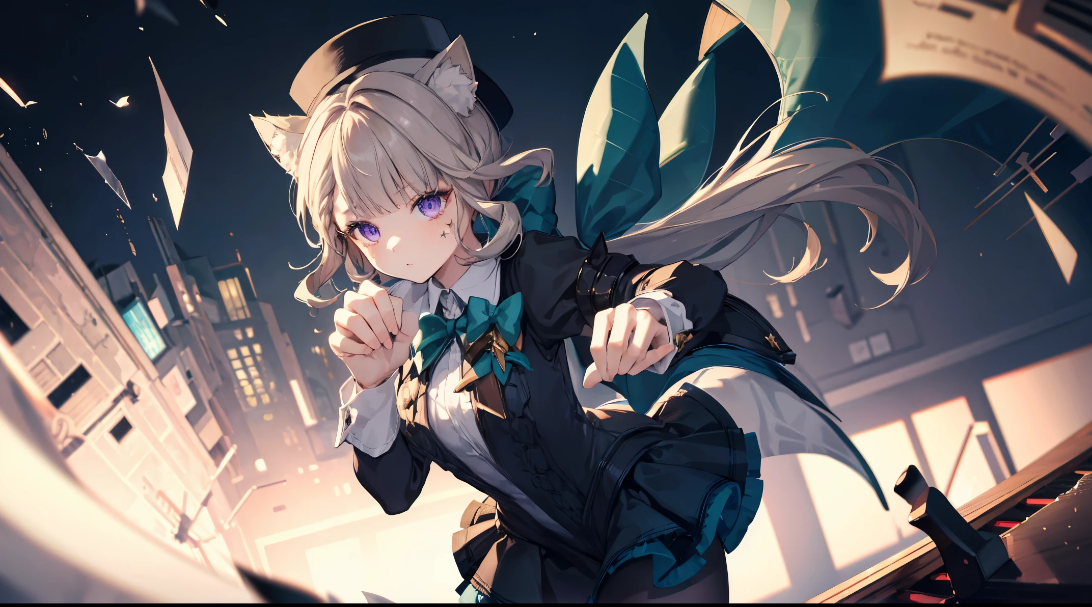 (((4k, masterpiece, top-quality))) ,8k, best quality, (((piano))), high resolution, HD, unity 8k wallpaper, (((illustration:0.8))), extremely detailed face, perfect lighting, extremely detailed CG, (perfect hands, perfect anatomy:1.8), lynette, animal ear fluff, animal ears, cat ears, hair bow, (purple eyes:1.1), brown hair, (((single star on left cheek))), bow, green bow, hat, leotard, long sleeves, miniskirt, pantyhose, skirt, top hat,