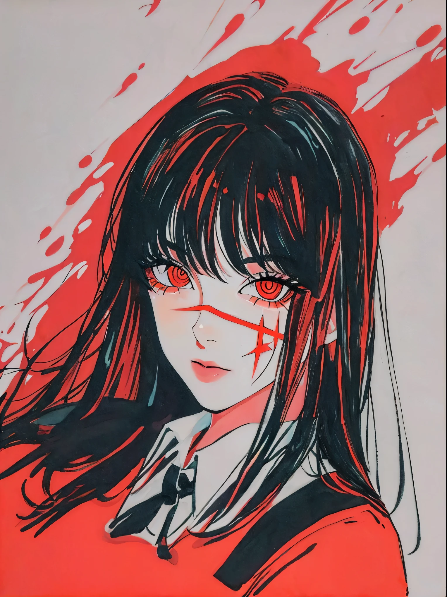 Yoru, vestida de colegial, camisa, Cinta para el cuello, mangas largas, Tema oscuro, (Mirando al espectador, retrato:1.5), black and rojo, rojo details, Runas brillantes_rojo,