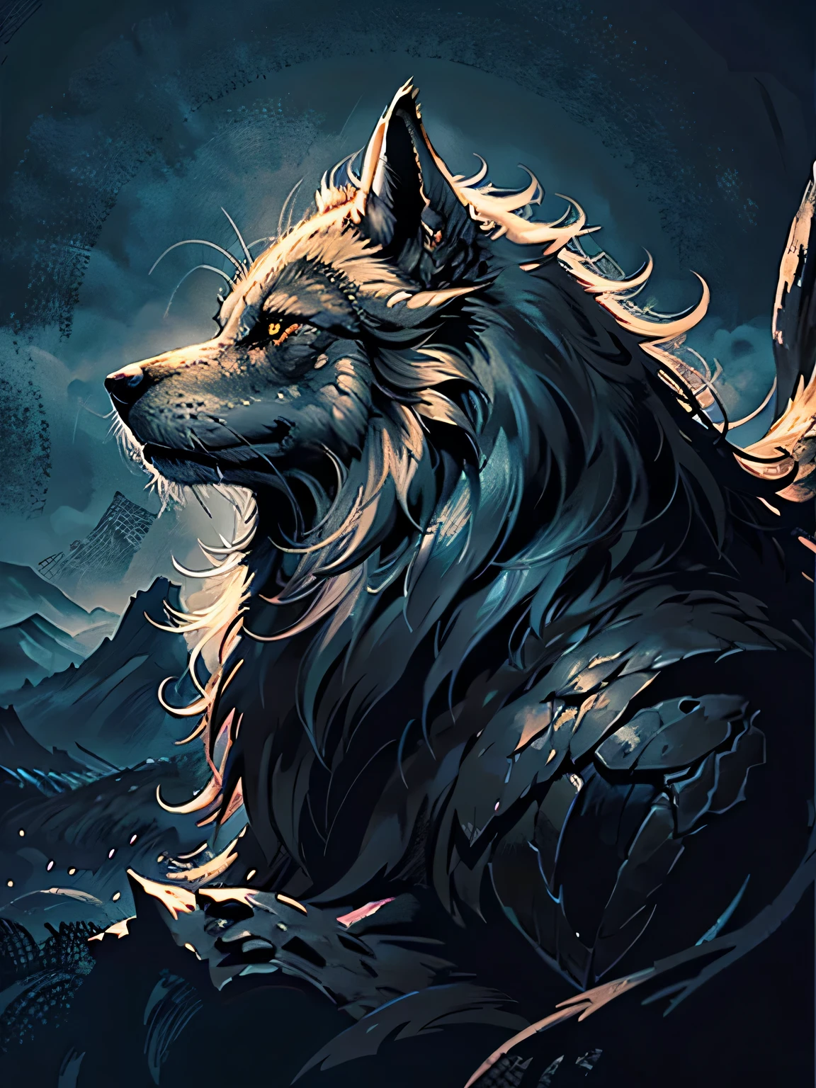 fantasy00d, sit and howl, stern and fearless wolf, Cinematic Angle, While calling for rain, sharp looking eyes, Gold eyes, Light gray fur, stunning fur, divine beast atmosphere, intricate oil paint illustration, dark fantasy landscape background, (Smooth and beautiful fur:1.1), High quality, Stunning rendering,