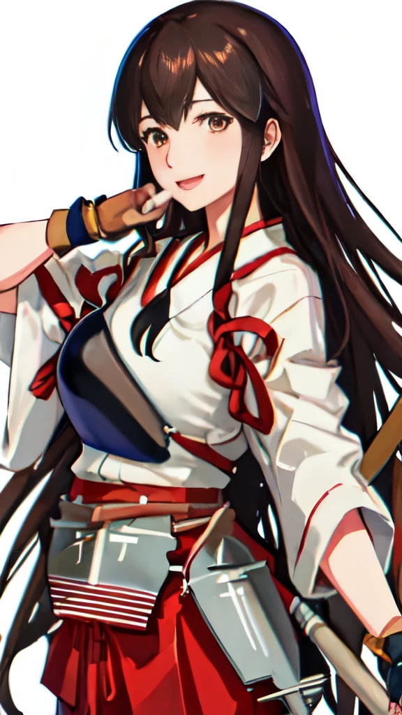 Best Quality, masutepiece, hight resolution, Solo, {akagi_Kantai Collection:1.15}, long_hair, brown_hair, brown_Eyes, muneate, tasuki, Smile, 1girl in , Japanese_Clothes, , partially_fingerless_gloves, arma, distortion, Single_hand armor, outstretched_Highly detailed arms、extremely detailed eye、extra detailed face、Insanely detailed body、Insanely detailed skin bewitching expression