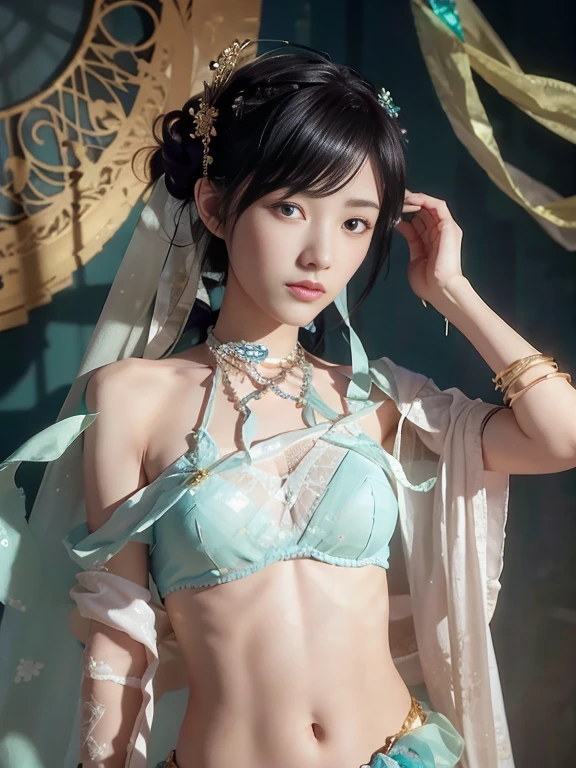 Bust photo, a beautiful woman, messy hair, girly, symmetrical bun, hair accessories, jewelry, delicate face, eye shadow, delicate cyan top, bare shoulders, navel, bare belly, Dunhuang style, a lot of streamers, delicate skin, soft light effects, delicate and smooth hair, delicate details, eye highlights, fair skin, fine portrayal, extreme details, cinematic quality, thin, slender, broken, hair details, thin bangs, shawl hair, correct body, shadows, air bangs, 8K, super detailed, Fine fabric texture, soft, supple, smooth texture, Dunhuang style, delicate pattern, correct hand painting, smile, tsurime, Surrealism, ray tracing, UHD, high details, super detail, highres, 8k, high quality, high details, textured skin, ccurate