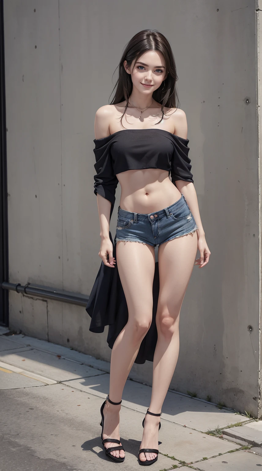 24-year-old Caucasian woman、Hair is brunette、Eye color is blue、Semi-long、Slender but well-proportioned muscular man、My abs are cracked、The belly button is out、a smile、wearing off-shoulder tops、I&#39;m wearing high leg cut shorts、I'm wearing pin heels