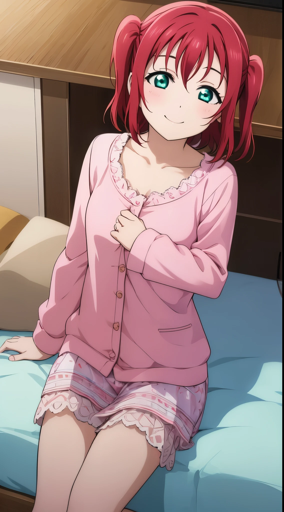 (masterpiece, best quality), illustration, detailed eyes, 1girl, solo, kurosawa ruby, flat chest, red hair, two side up, green eyes, smile,
Wear pajamas , at home,