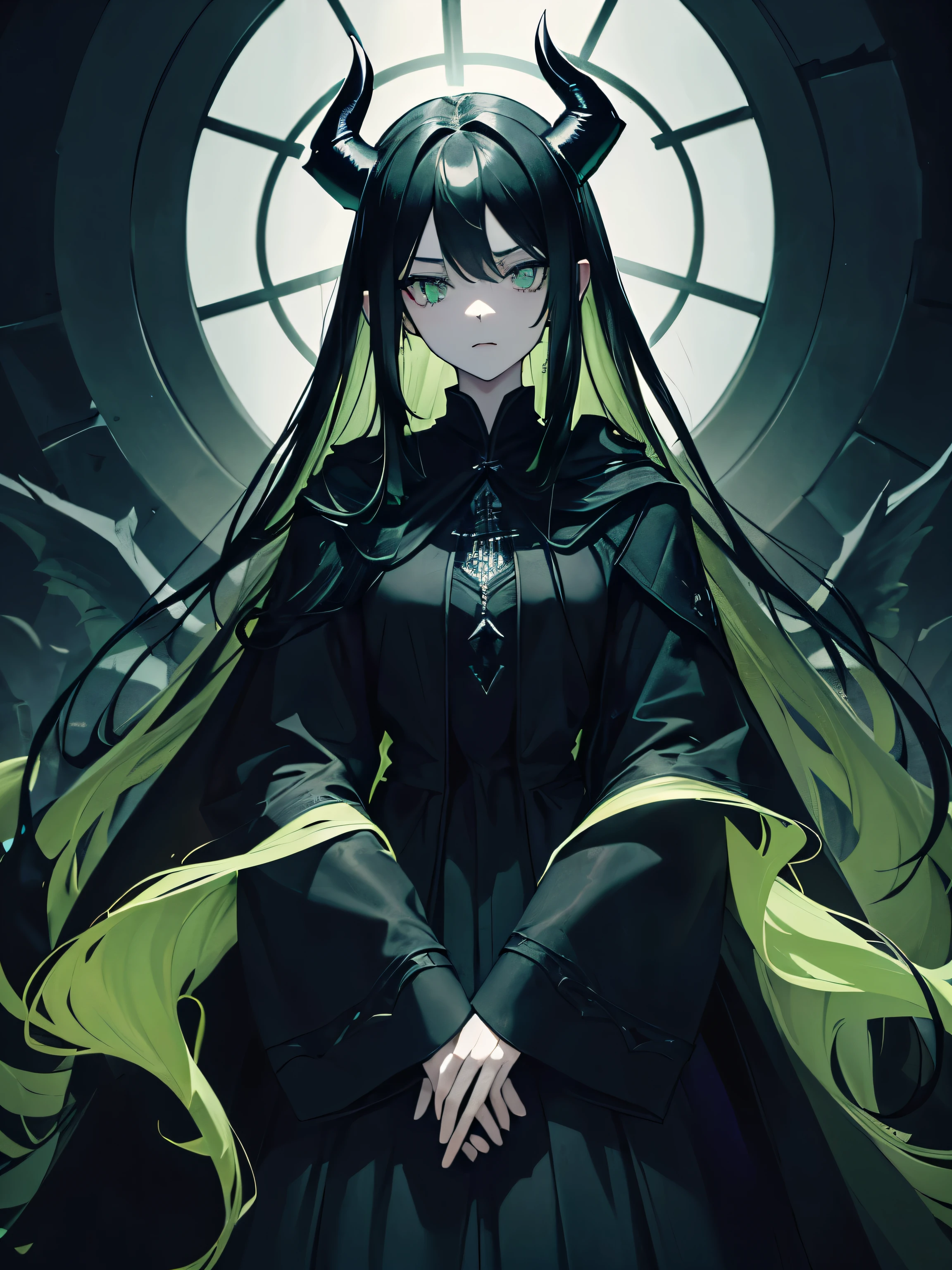 ((Masterpiece)), hiquality, a perfect face, ((hairlong)), ((black hair)), ((green colored eyes)), vivid eyes, fangs, Black Hands, pale skin, Tall girl, Black clothes, (long cloak), (((black symbols on the body))), ((Two pairs of black horns)), the night, Focus on the face