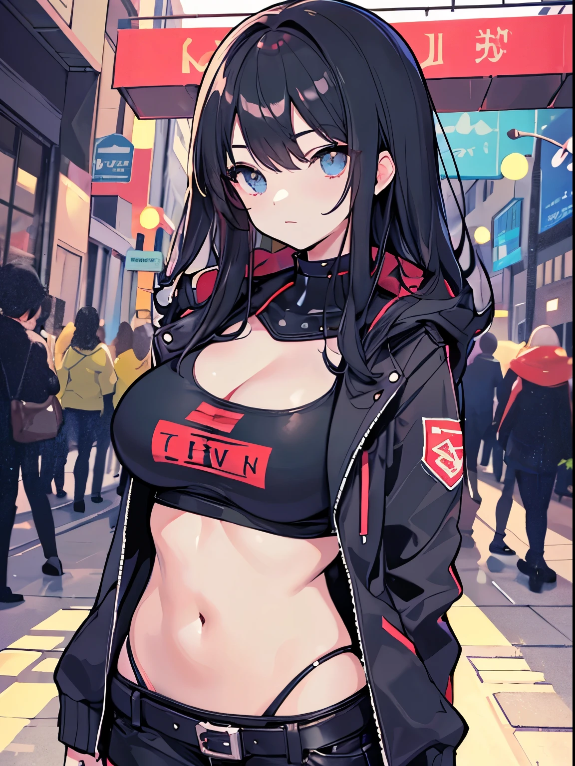 best qualtiy, 超A high resolution, ((black color:1.3)), 1girll, Beautuful Women, large full breasts, jaket, a miniskirt, rcasual,