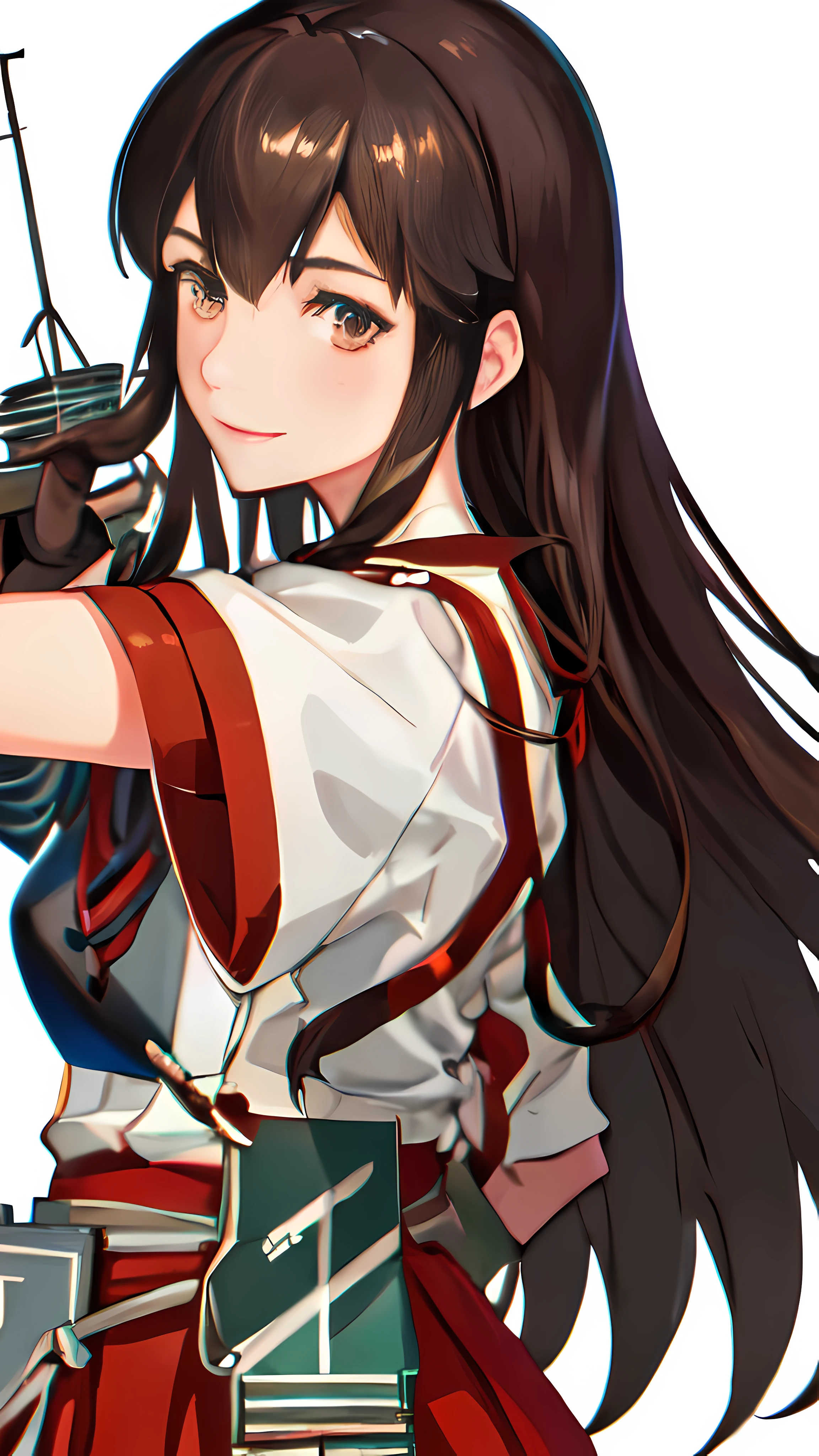 Best Quality, masutepiece, hight resolution, Solo, {akagi_Kantai Collection:1.15}, long_hair, brown_hair, brown_Eyes, muneate, tasuki, Smile, 1girl in , Japanese_Clothes, , partially_fingerless_gloves, arma, distortion, Single_hand armor, outstretched_Highly detailed arms、extremely detailed eye、extra detailed face、Insanely detailed body、Bewitching expression of extremely detailed skin