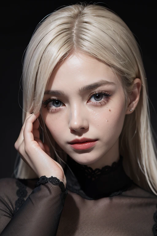 (8k、RAW Photos、Photorealsitic:1.25)、(partially white hair、Thin lip gloss、tthin eyebrows、eye lashes、Tear bag、Pattsun bangs、Shiny face、shinny skin、best qualtiy、超A high resolution、depth of fields、chromatic abberation、Caustics、Wide range of lighting、Natural shading、calm、Raking up one hair with your hand、Long、A slight smil、Small devil、in a house