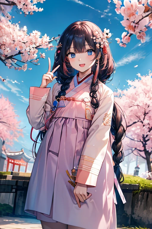 masterpiece, best quality, highres, bbhana, long hair, blacj hair, single braid, hair ornament, whisker markings, ((korean clothes)), ((hanbok)), long sleeves, striped sleeves, ((sky blue jacket)), pink skirt, cherry blossoms, outdoors, standing, smile, open mouth, peace sign, blue eyes, large breast, sexy,