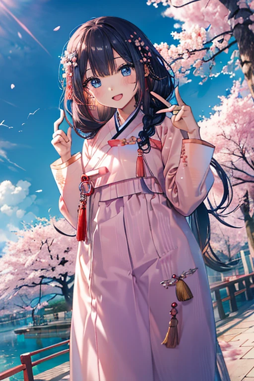 masterpiece, best quality, highres, bbhana, long hair, blacj hair, single braid, hair ornament, whisker markings, ((korean clothes)), ((hanbok)), long sleeves, striped sleeves, ((sky blue jacket)), pink skirt, cherry blossoms, outdoors, standing, smile, open mouth, peace sign, blue eyes, large breast, sexy,