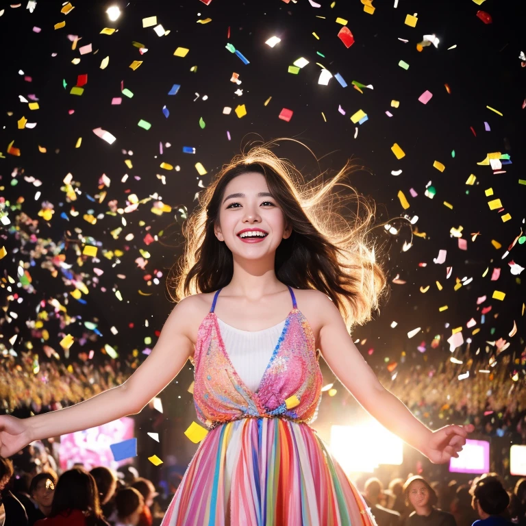 Her smile shines through the swirl of the festival、A glorious explosion of joy。
confetti and cheers、She is the center of the celebratory dance。