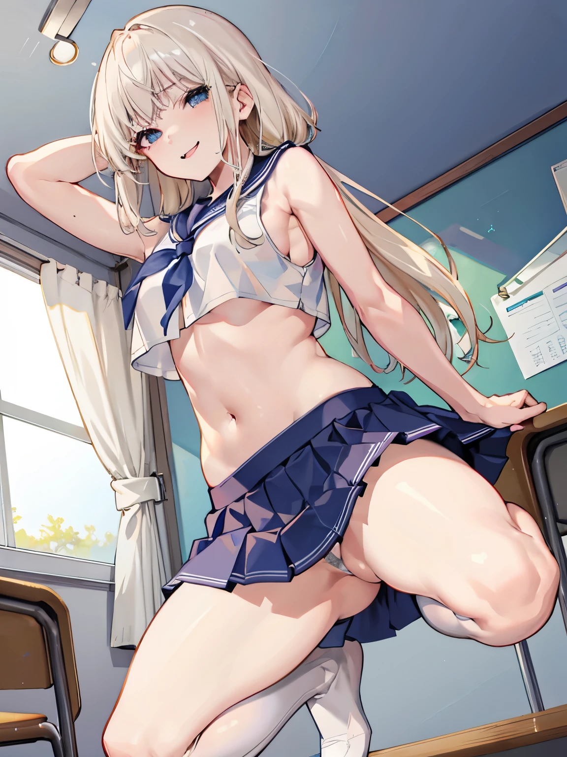 top-quality、realistic touch,high-detail、photoRealstic、thin-waist、captive beauty、big eye、solid platinum-blonde eyelashes、platinum-blonde、full body Esbian、Sparkling eyes、Submissive smile、Flushed cheeks、Kamimei、thin-waist、Voluptuous thighs、Enraptured look、In the classroom of  the school、Navel look、She is in estrus、a sailor suit、cocky expression、Colossal tits、Super short skirt with V-line visible、Camera angle from below、Big breasts visible between uniform and stomach、Sleeveless、Squat with open legs、