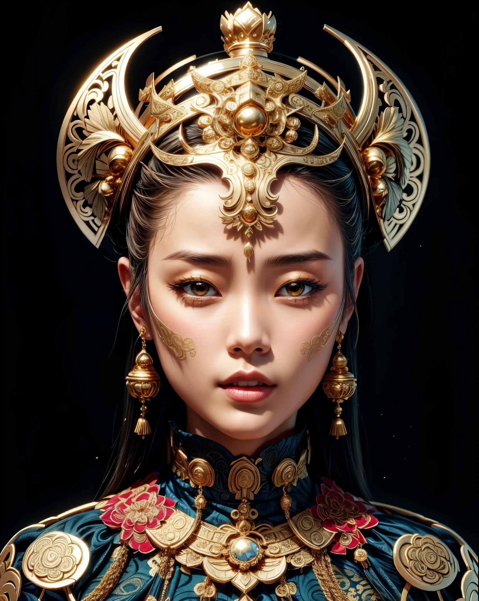 Beautiful girl wearing a golden crown and blue dress, Oriental face, beautiful oriental woman, asian face, inspired by Lan Ying, a beautiful fantasy empress, chinese princess, hyperdetailed, wearing ornate clothing, Inspired by Tang Di, ornate , wearing an ornate outfit, (Realistic face details), intricate detailed, very high details, photo-hyper-realistic, 8k, UHD, hyperdetailed,