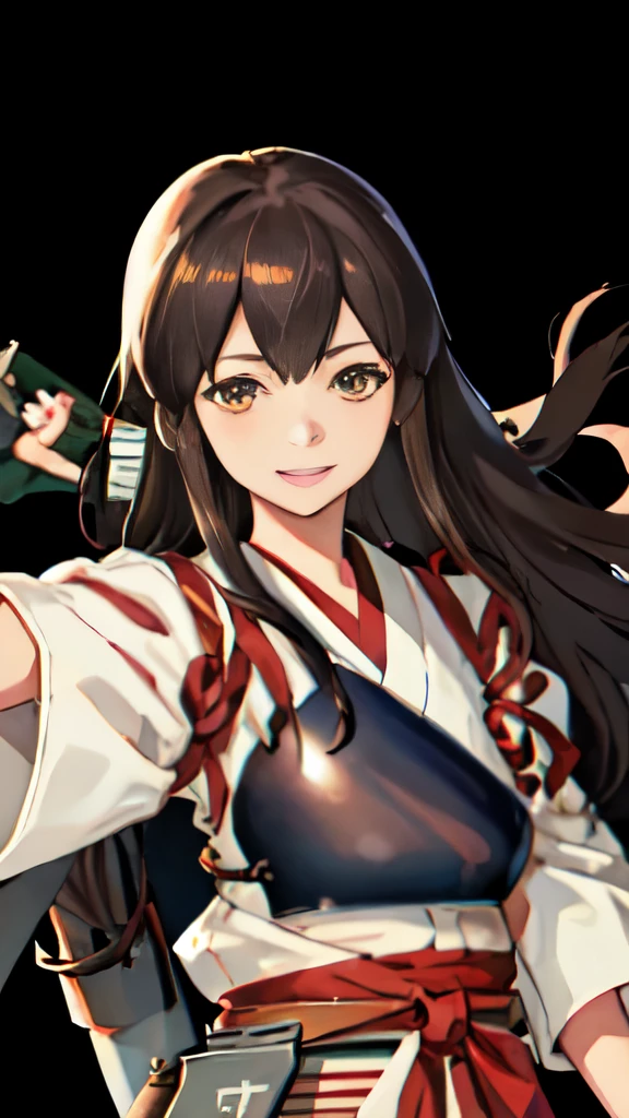 Best Quality, masutepiece, hight resolution, Solo, {akagi_Kantai Collection:1.15}, long_hair, brown_hair, brown_Eyes, muneate, tasuki, Smile, 1girl in , Japanese_Clothes, , partially_fingerless_gloves, arma, distortion, Single_hand armor, outstretched_Highly detailed arms、extremely detailed eye、extra detailed face、Insanely detailed body、Insanely detailed skin bewitching expression