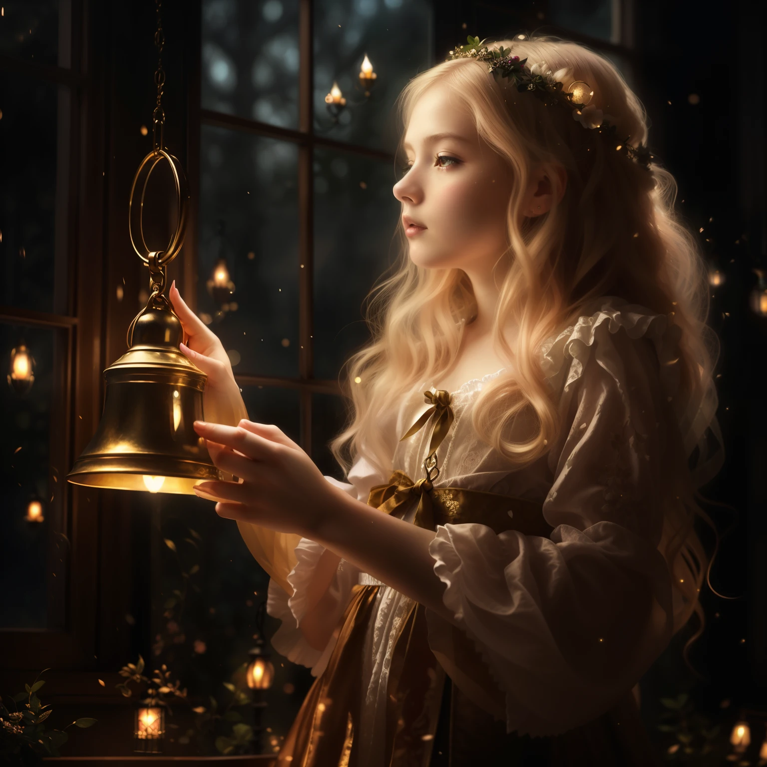 There is a girl holding a bell in front of the window, beautiful digital artwork, girl under lantern, Realistic Fantasy Illustrations, Dreamy and gorgeous lights, beautiful render of a fairytale, realistic fantasy painting, portrait of the magical girl, beautiful digital illustration, beautiful fantasy art portrait, realistic fantasy art, beautiful fantasy art, beautiful digital art, fantasy victorian art, stunning digital illustration