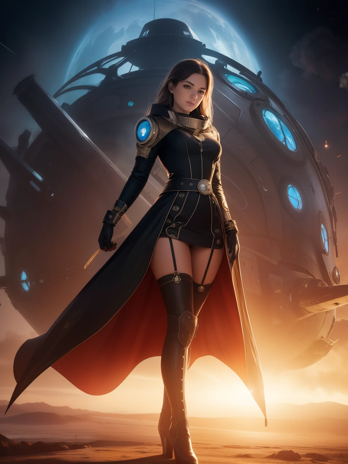 ((Best Quality)), ((Masterpiece)), ( (pantyhouse:1.4), black gloves, belt, velvet dress), Unearthly beauty, (fantasy illustration:1.3), enchanting gaze, Bewitching pose, otherworldly charm, mystical sky, (Detailed background, Dark Fantasy), (Beautiful, Detailed Face), High contrast, (better lighting, extremely gentle and Beautiful), ((cinematiclight)), Smiling, Excited, ballgown, science fiction land, woman in black and white outfit and boots, dressed in a sci-fi spacesuit , age 35, cosmodrome lies in the chair of a spaceship against the backdrop of the planet,