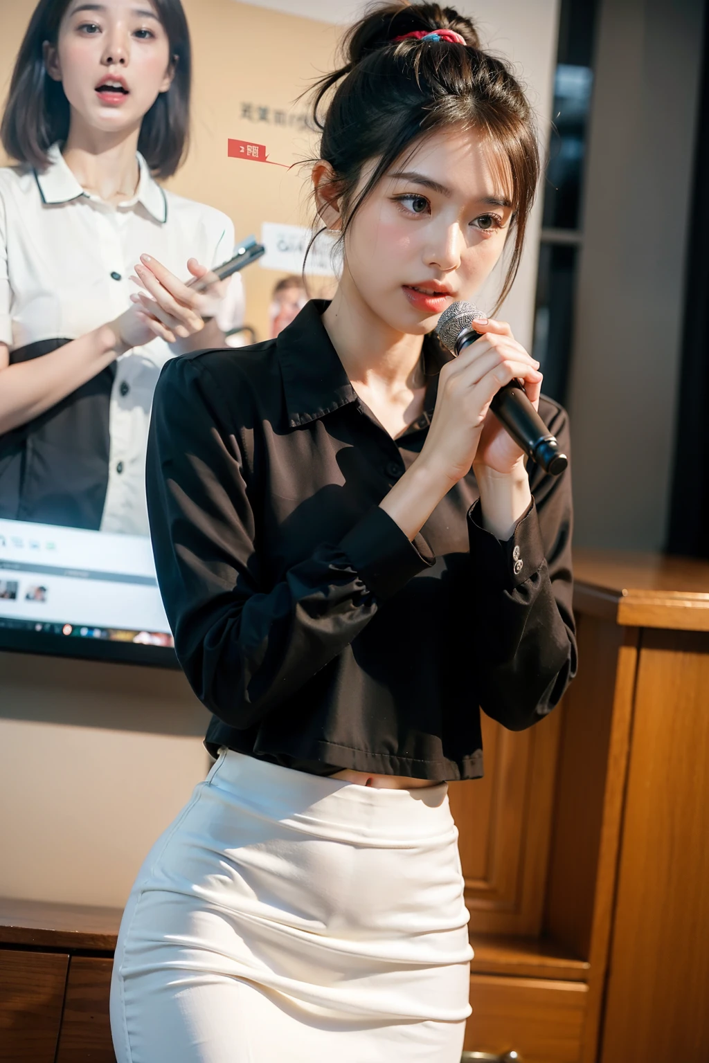 ((Best quality at best)), ((tmasterpiece)), (Detailed pubic hair), Women working together with colleagues,Naturally shy face,Singing with microphone in hand,long sleeve work uniform,Hair tied up,中景 the scene is