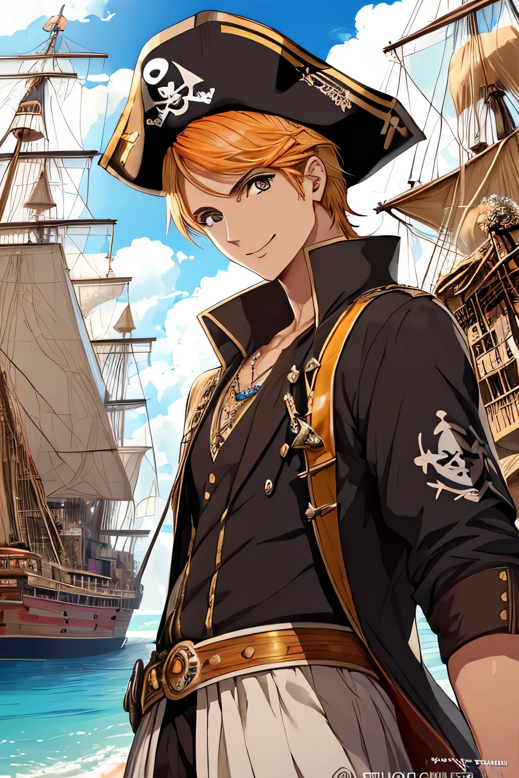 Anime. mirada tranquila, (1 hombre joven of 40 years old, vestido como un pirata)), cabello naranja brillante, cabello corto, rasgos faciales ingleses, atractivo (Cara detallada, Cara perfecta, Muy hermoso) hombre varonil, sombras tremendamente realistas, Obra maestra del arte, extremadamente detallado, fotorrealista), ((40 years old)), cara varonil, sonrisa despreocupada, Strong complexion, (fornido), ropas de pirata, ropa elegante, ojos azules, ojos grandes y delicados, Ojos bien abiertos, Ojos de princesa ((ojos detallados hermosos, Cara de dios de la belleza, hombre, pirate ships behind him, tag, sol, nubes. estilo anime.
