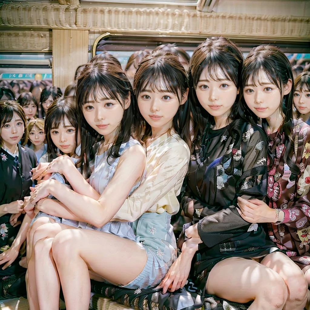 Raw photo、(((multiple girls))),((((6+girls)))),((((1000girls)))),(((10000girls)))、(((crowd shot))),((a )),(((Adhesion)))、((Crammed))、((Packed))、(Inside the crowded train)、Women only、japanes、((Same height))、The same face、((A dark-haired)),Longhaire、1000 cute women hugging and loving each other、(((Large group)))、((chiquita))、sweating、joyous expression、chiquitaでいっぱいの満員電車