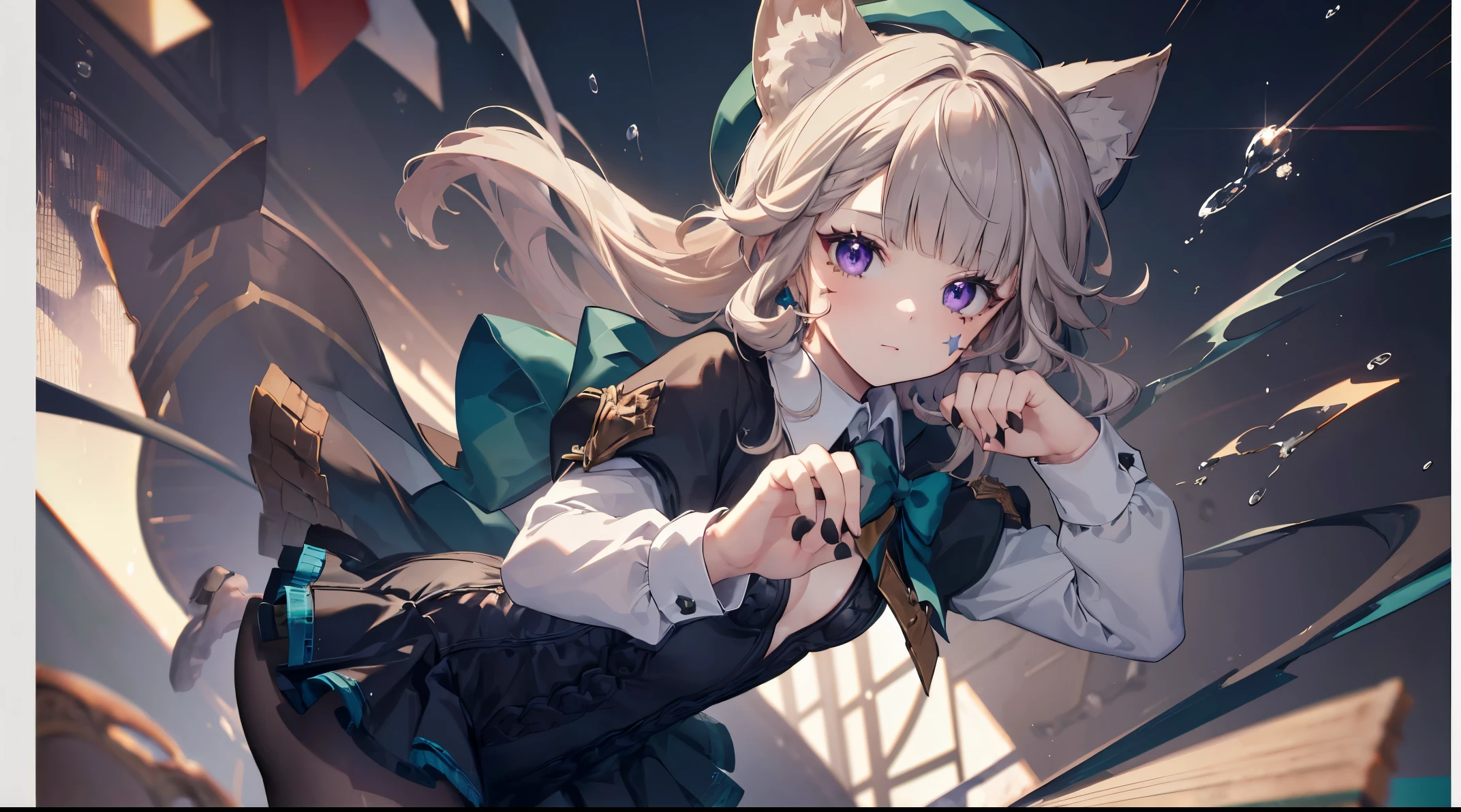 (((4k, masterpiece, top-quality))) ,8k, best quality, high resolution, HD, unity 8k wallpaper, (((illustration))), detailed eyes, extremely detailed face, perfect lighting, extremely detailed CG, (perfect hands, perfect anatomy:1.8), lynette, animal ear fluff, animal ears, cat ears, hair bow, (purple eyes:1.1), brown hair, (((star, single star on left cheek))), bow, green bow, hat, leotard, long sleeves, miniskirt, pantyhose, skirt, top hat,