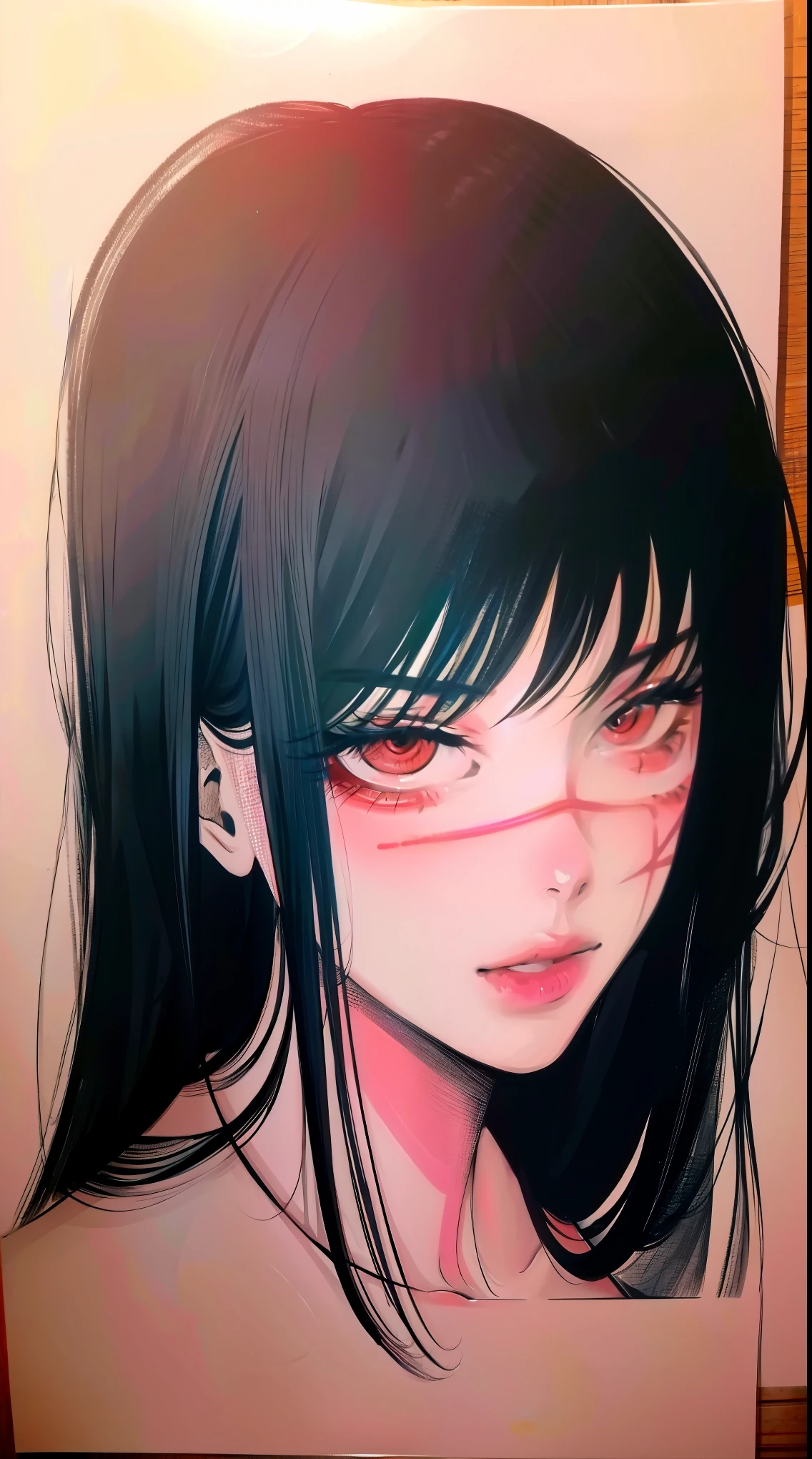 Yoru, vestida de colegial, camisa, Cinta para el cuello, mangas largas, Tema oscuro, (Mirando al espectador, retrato:1.5), black and rojo, rojo details, Runas brillantes_rojo,