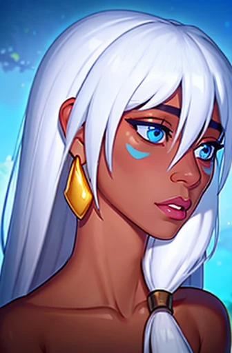 kida, long hair, dark skin, 1girl, solo, dark-skinned female, white hair, blue eyes, jewelry, earrings, bare shoulders, facial mark. Cum on face