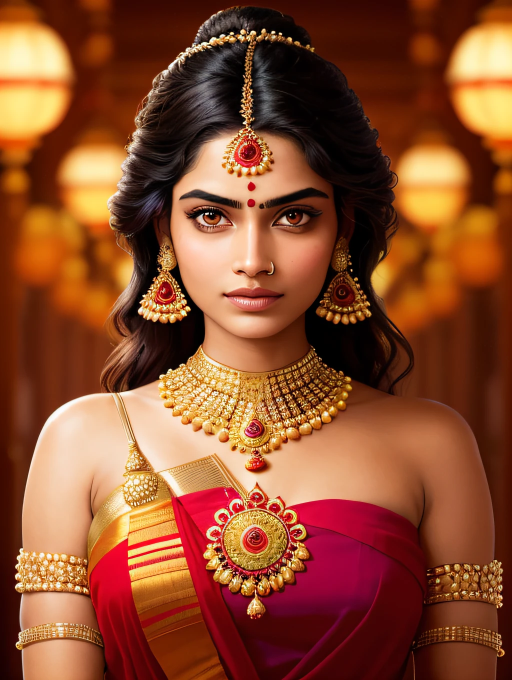 An extremely beautiful Indian young woman, wearing a rich Indian clothing and rich jewelry, in a golden Indian temple, pixar artstyle, emotional eyes, enigmatic smile, cinematic rim light, very feminine figure, dynamic juxtaposition, young beautiful woman, very high quality face, exploitable image, face neck shoulders, beautiful very feminine woman, stylized dynamic folds, serene woman, Pixar artstyle