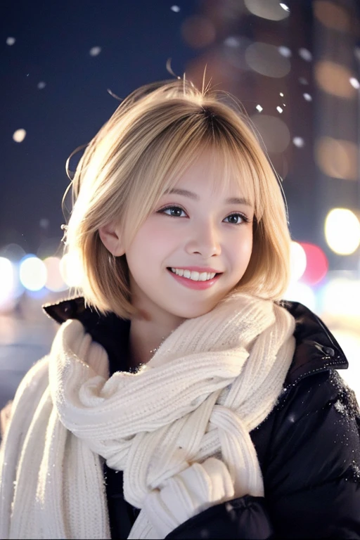1 female、brue eyes、a short bob、a blond、Beautiful hair color、It's snowing、Smiling、White teeth are visible、Night city、Well-formed eyebrows、short-hair、
Winter scene、depth of fields、High quality、