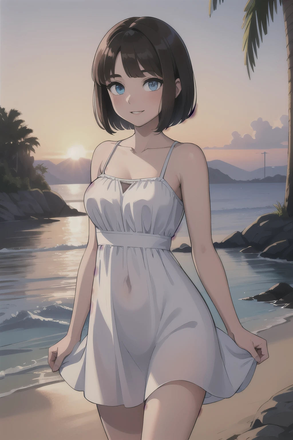 Frame-in, from the front of the face and body, look straight, whole body, high quality, very high resolution, high quality, very high resolution, pretty girl, brown hair, amount, dull bangs, bob cut, brush up bangs, (nude),((topless)), medium breasts, pale pink nipples, long skirt, upright, Are standing, smile, on the beach