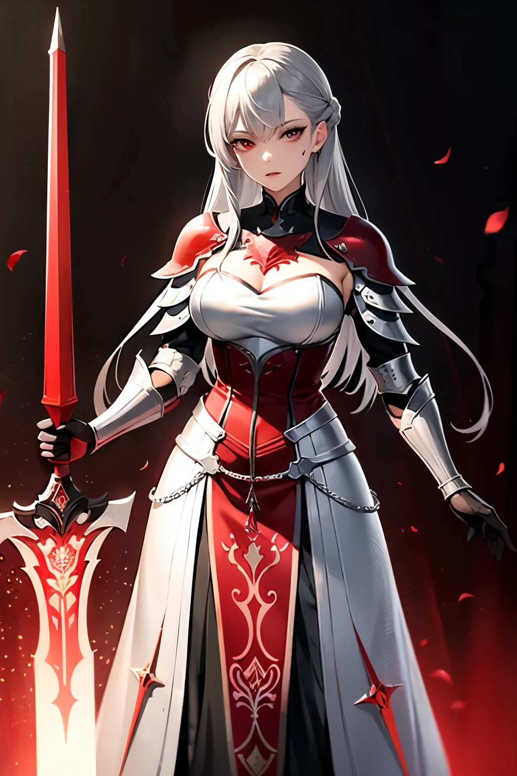 Gray-haired women,Red hood,Full body like,red pupilace expressionleslack cloth robe with red pattern,knights armor,Silver texture decoratiotic,Rabid,black magic sword,((Best quality at best)),((tmasterpiece)),(Detailed pubic hair),s the perfect face