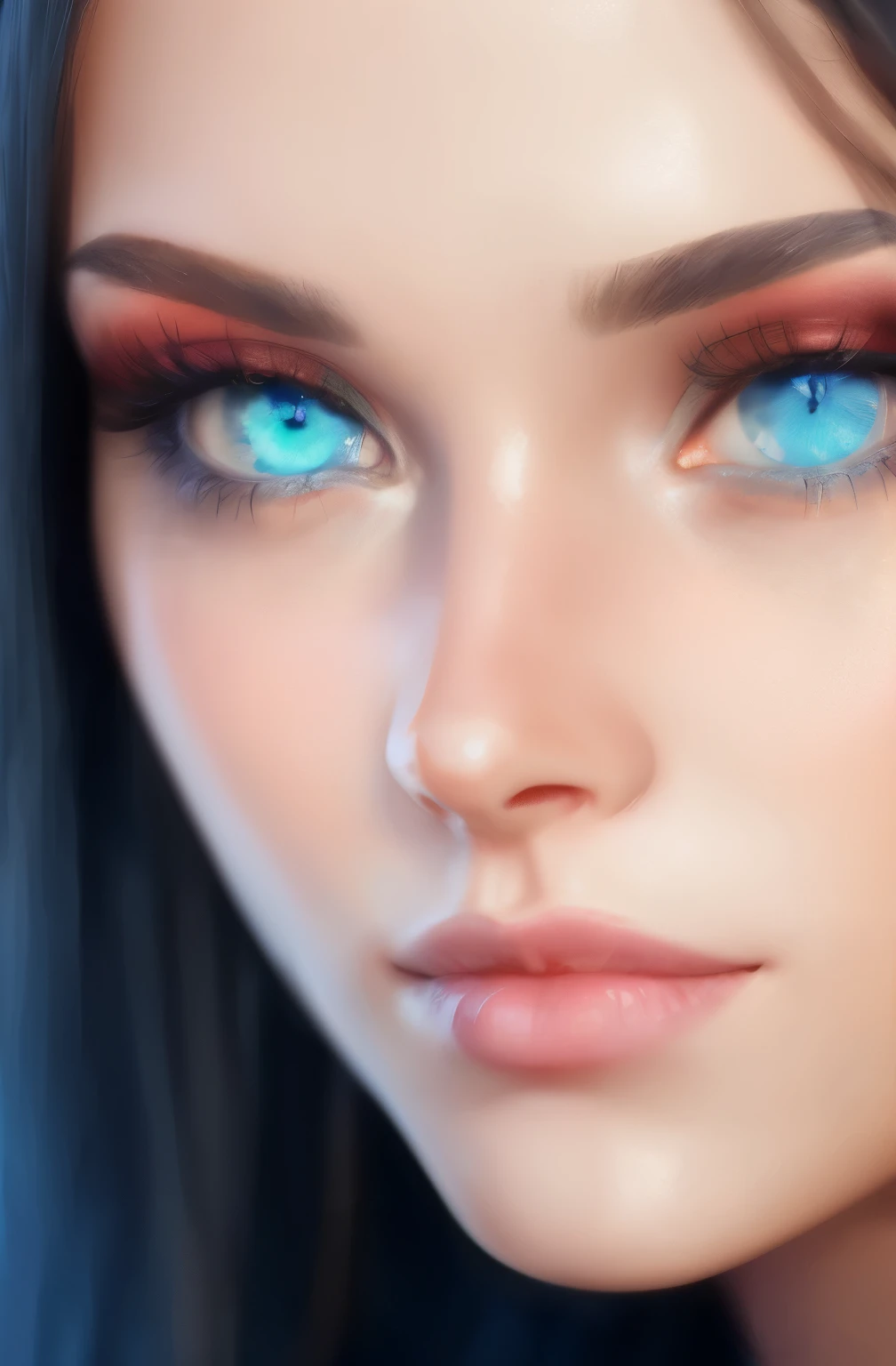 Close-up of a woman with blue eyes and long hair, blue face Unreal engine, photorealistic eye rendering, blue piercing eyes, ultra detailed face and eyes, 3D rendering of blue eyes, realistically drawn eyes, Glow Blue Eyes, light blue piercing eyes, Extremely detailed blue eyes, Realistic skin shader, Perfect photorealistic eyes, makeup. Unreal engine