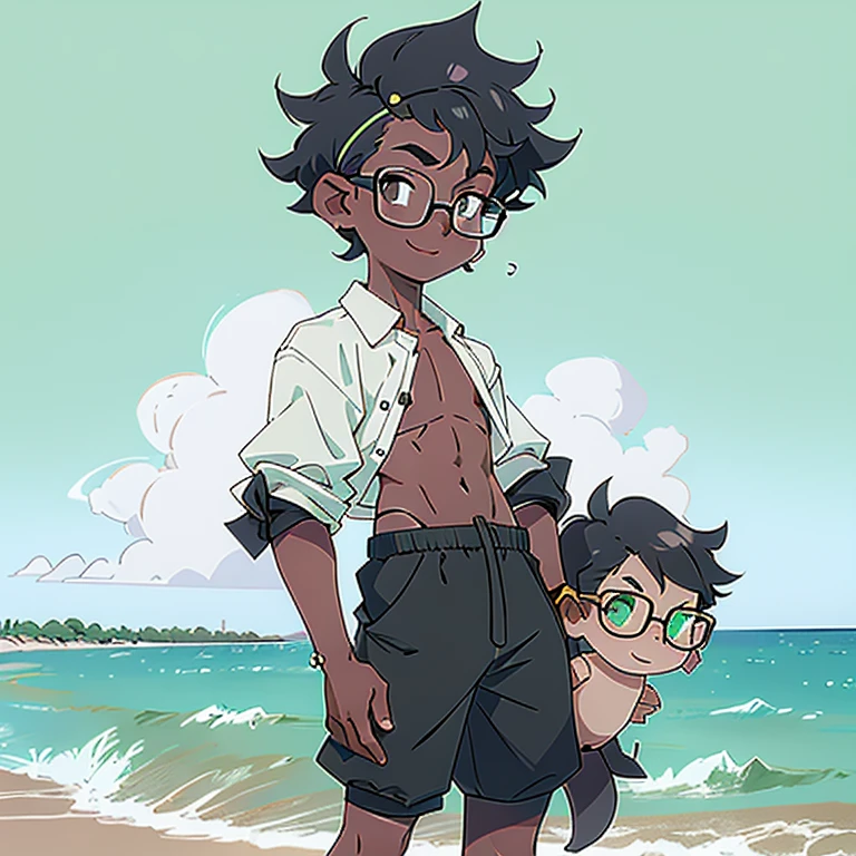 smiling, curly hair, short hair, glasses, white skin, looking in the mirror, black and white colors, boy
nose and mouth of a black person,
small golden piercings in the ears, with side-shaved hair,
half Brazilian and half black, 18 years old, looking younger,
dark hair, green eyes, full body photo, swim shorts similar to underwear, half naked and open green shirt, on the beach, shirtless