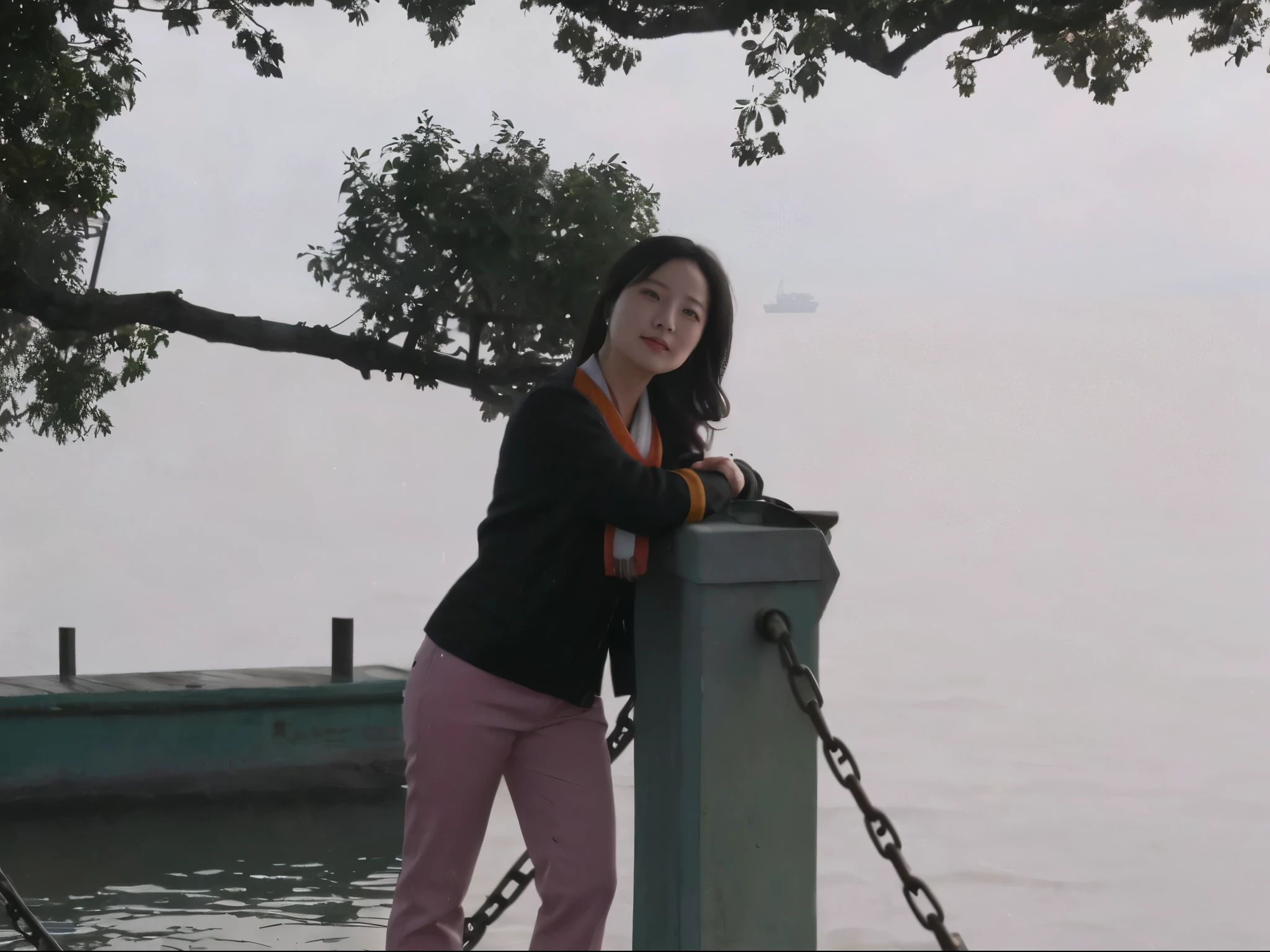 There was a woman standing on the pier,The background is a ship, qiu fang, li zixin, in lake, near a jetty, wenfei ye, wu liu, xintong chen, Queen of the Sea Mu Yanling, pengzhen zhang, Lake in the background, author li zhang, xiaofan zhang, kan liu, xue han