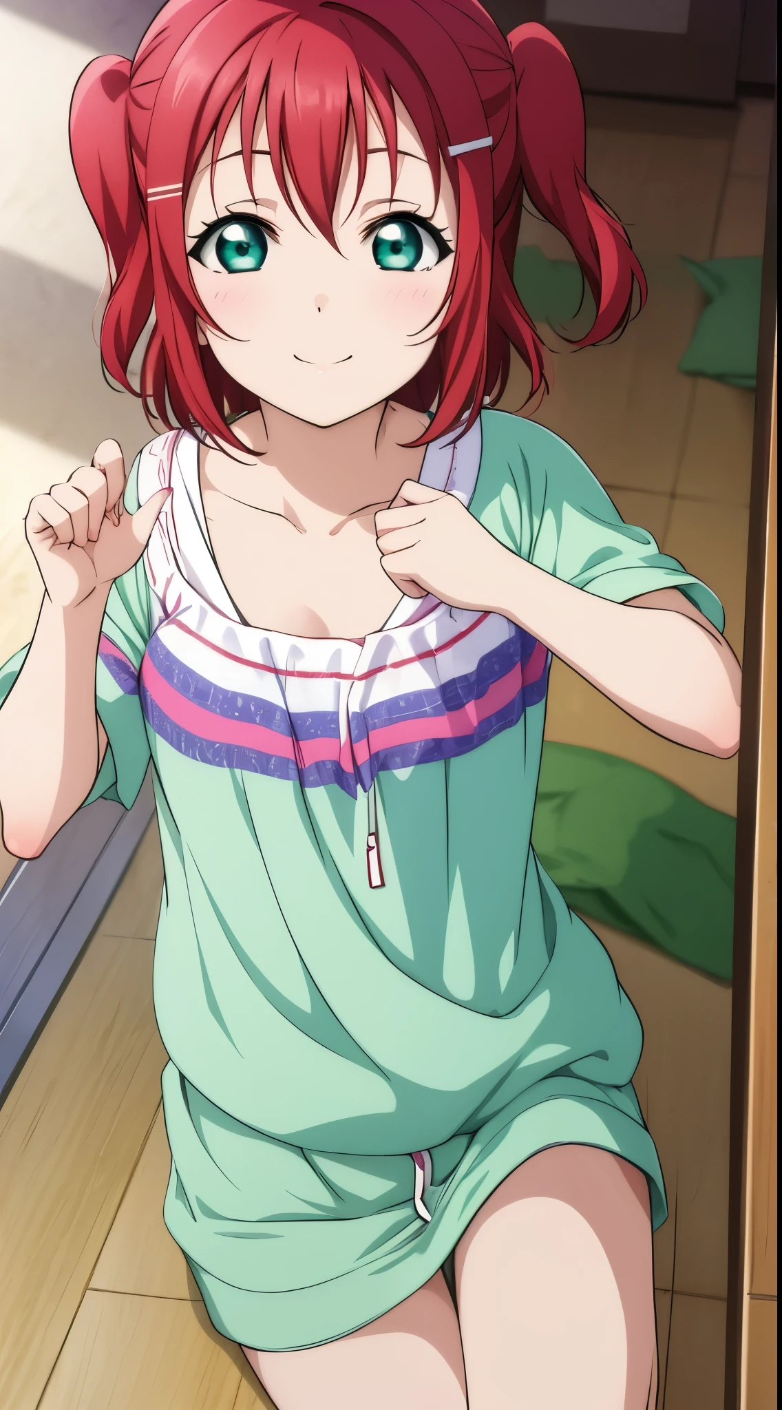 Chibi, (masterpiece, best quality), illustration, detailed eyes, 1girl, solo, kurosawa ruby, flat chest, red hair, two side up, green eyes, smile, 
Wear pajamas , at home,