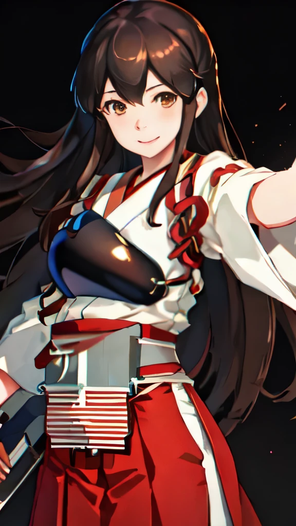 Best Quality, masutepiece, hight resolution, Solo, {akagi_Kantai Collection:1.15}, long_hair, brown_hair, brown_Eyes, muneate, tasuki, Smile, 1girl in , Japanese_Clothes, , , , outstretched_Highly detailed arms、extremely detailed eye、extra detailed face、Insanely detailed body、Insanely detailed skin bewitching expression