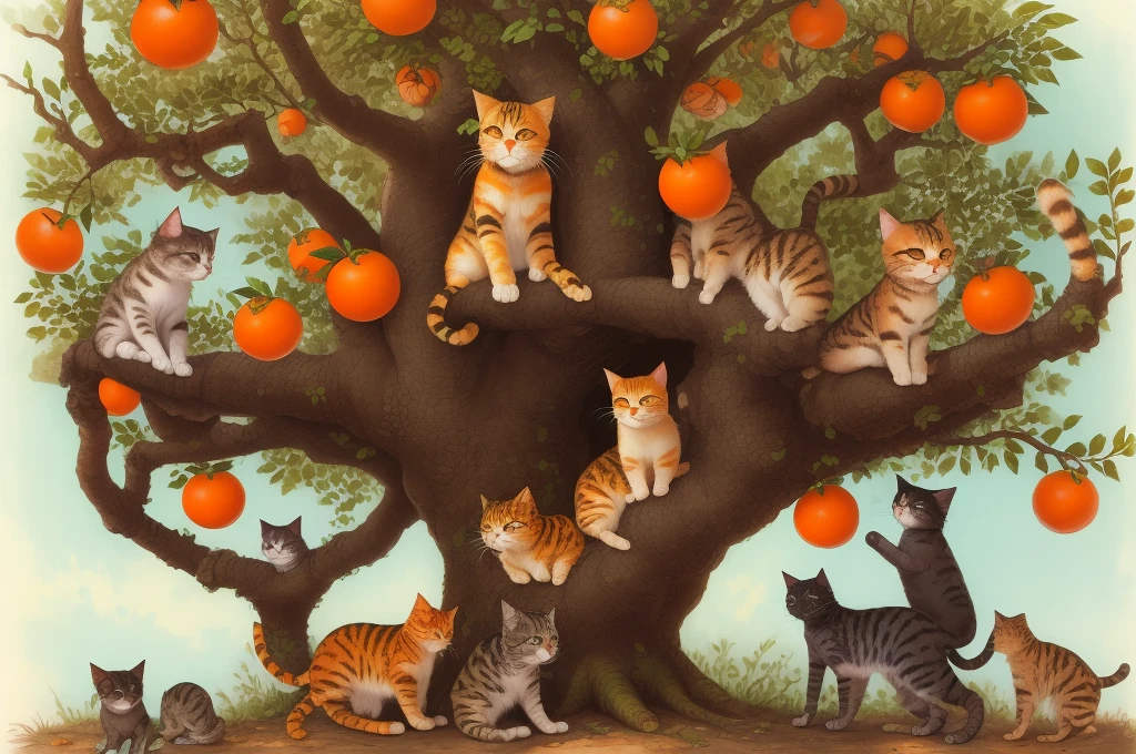 A group of cats climb up an orange tree to pick oranges
